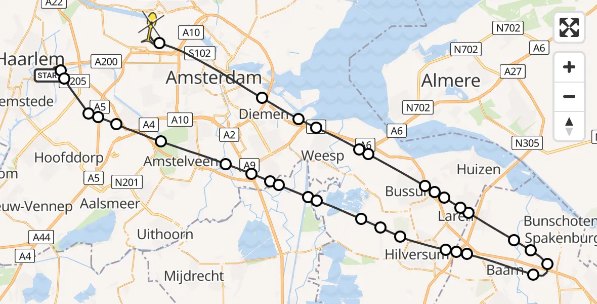 Routekaart van de vlucht: Lifeliner 1 naar Amsterdam Heliport, Vijfhuizerdijk