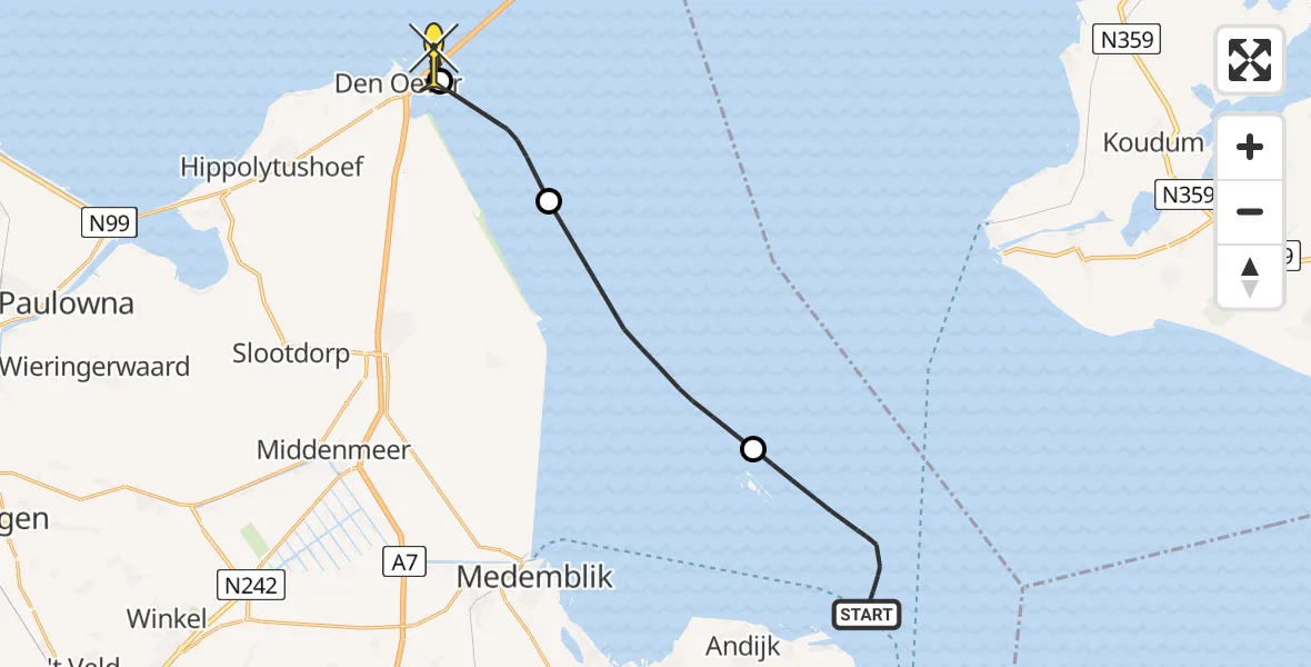 Routekaart van de vlucht: Kustwachthelikopter naar Den Oever, Afsluitdijk