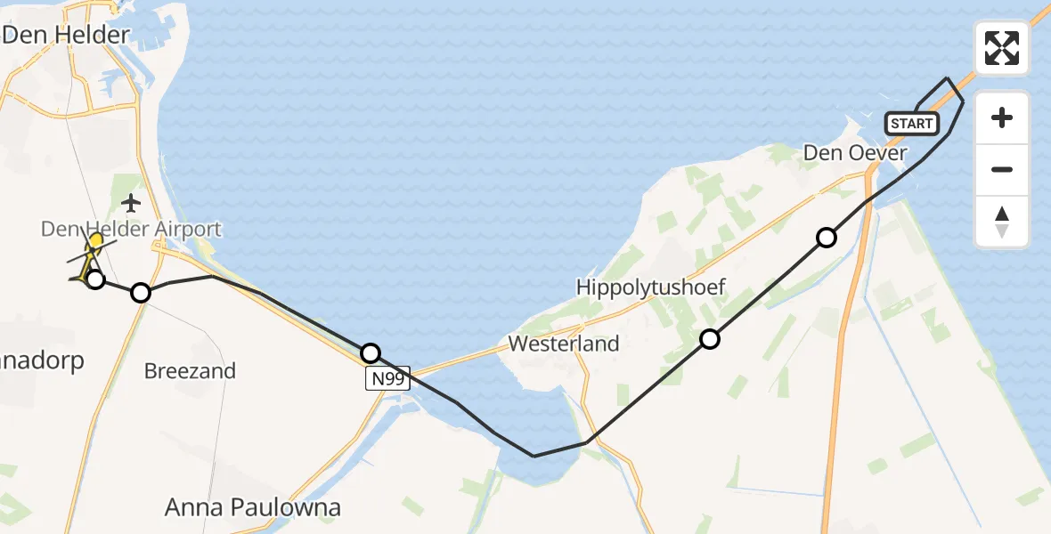 Routekaart van de vlucht: Kustwachthelikopter naar Vliegveld De Kooy, Afsluitdijk