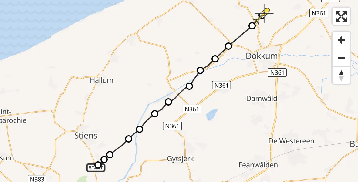 Routekaart van de vlucht: Ambulancehelikopter naar Hantumeruitburen, De Joussen