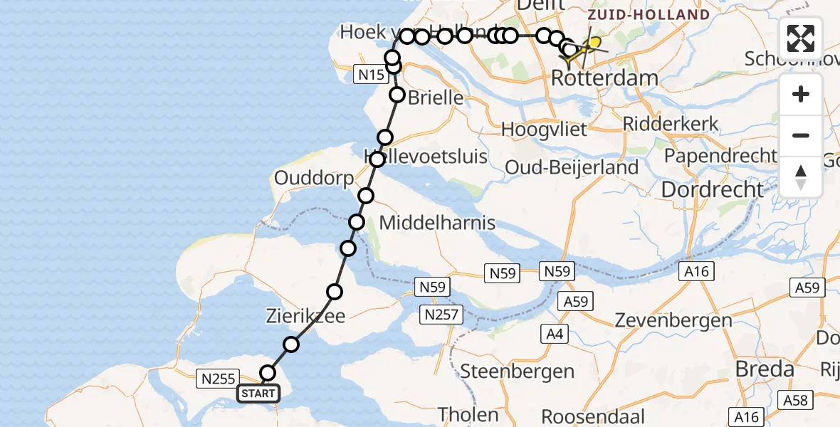 Routekaart van de vlucht: Kustwachthelikopter naar Rotterdam The Hague Airport, Arlandabaan Platformzijde