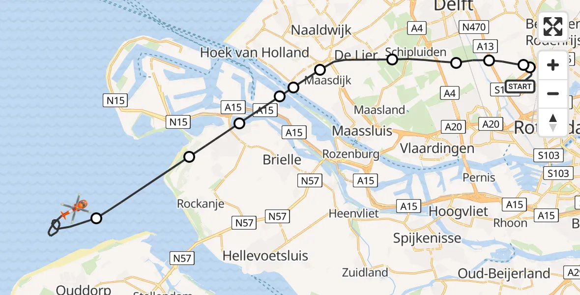 Vluchtroute Kustwachthelikopter van Rotterdam The Hague Airport naar 
