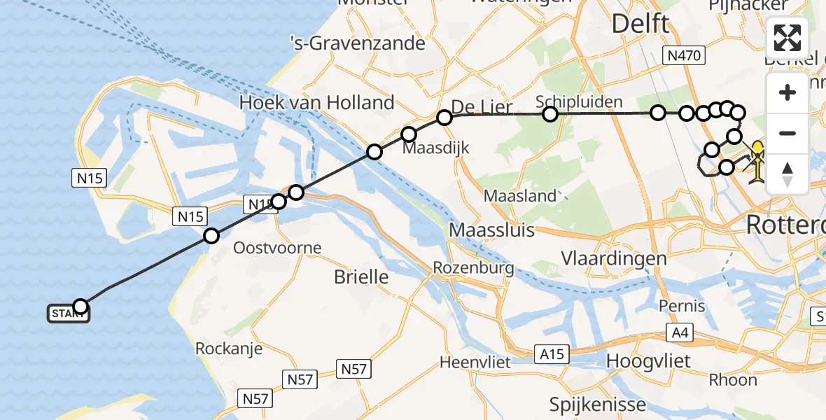 Routekaart van de vlucht: Kustwachthelikopter naar Rotterdam The Hague Airport, Malpensabaan