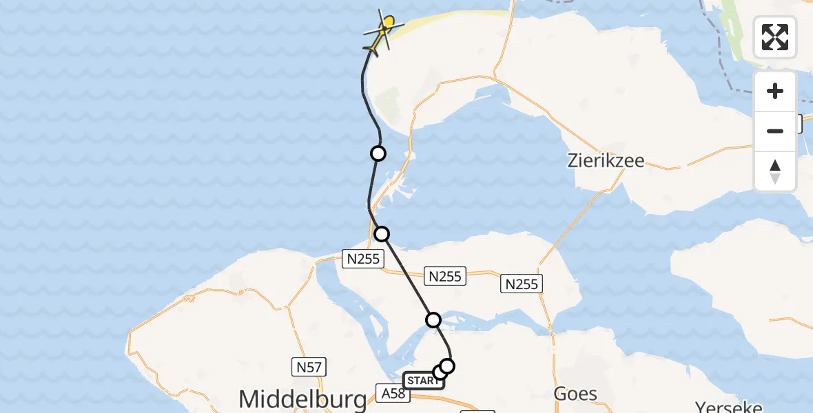 Routekaart van de vlucht: Politiehelikopter naar Burgh-Haamstede, Muidenweg