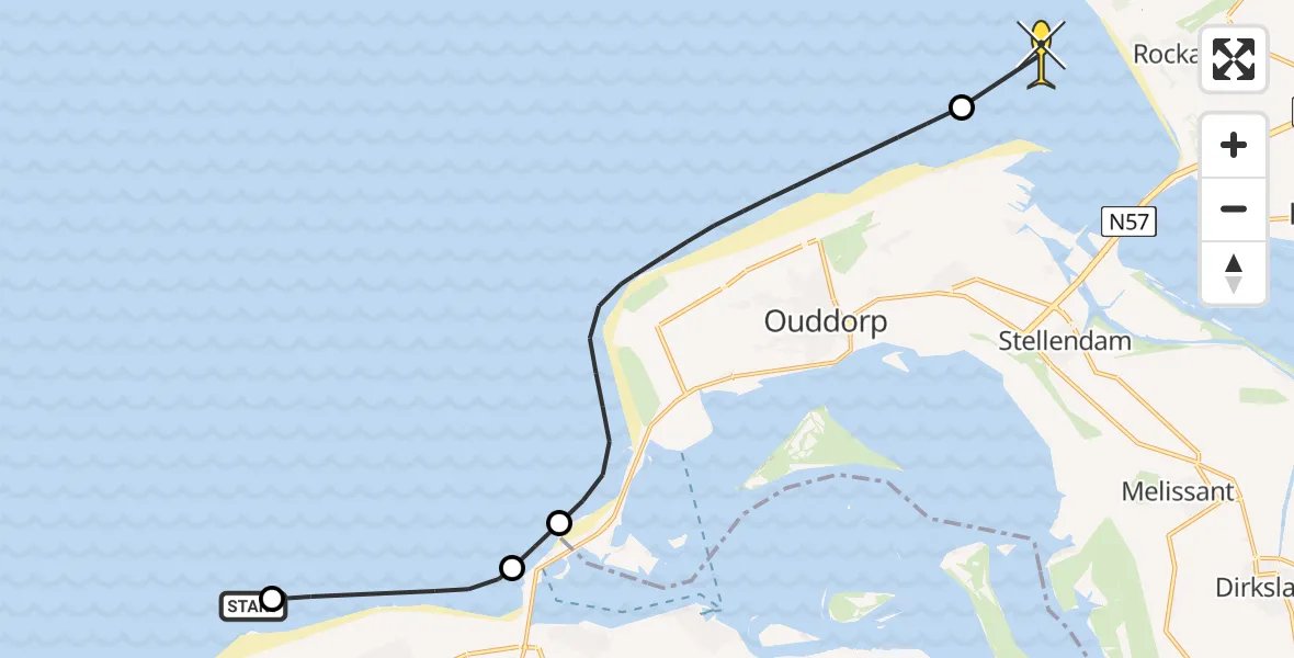 Routekaart van de vlucht: Politiehelikopter naar Rockanje, Wilhelminahoeve