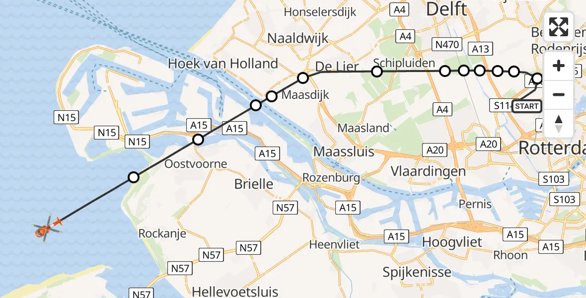 Vluchtroute Kustwachthelikopter van Rotterdam The Hague Airport naar 