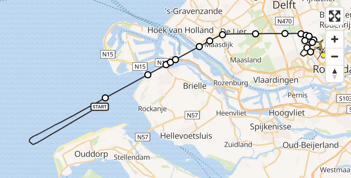 Routekaart van de vlucht: Kustwachthelikopter naar Rotterdam The Hague Airport, Malpensabaan