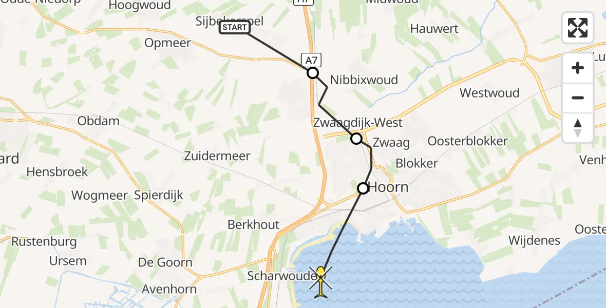 Routekaart van de vlucht: Politiehelikopter naar Hoorn, Wognum