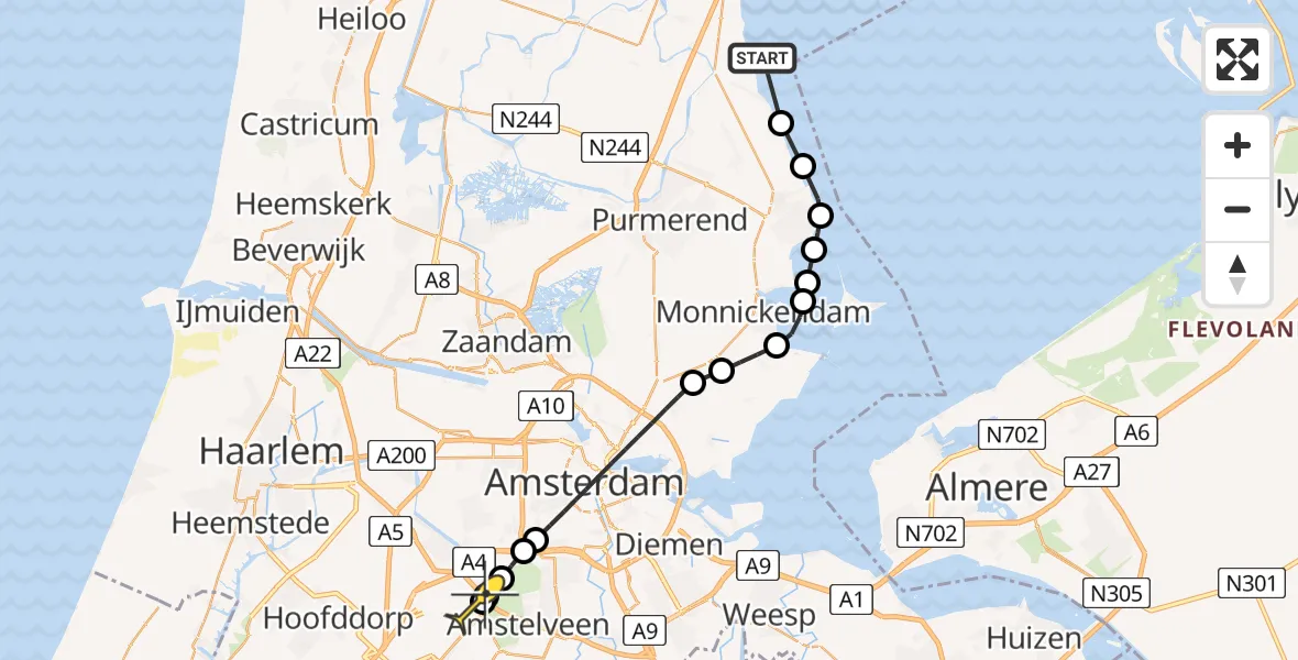 Routekaart van de vlucht: Politieheli naar Schiphol, IJsselmeerdijk