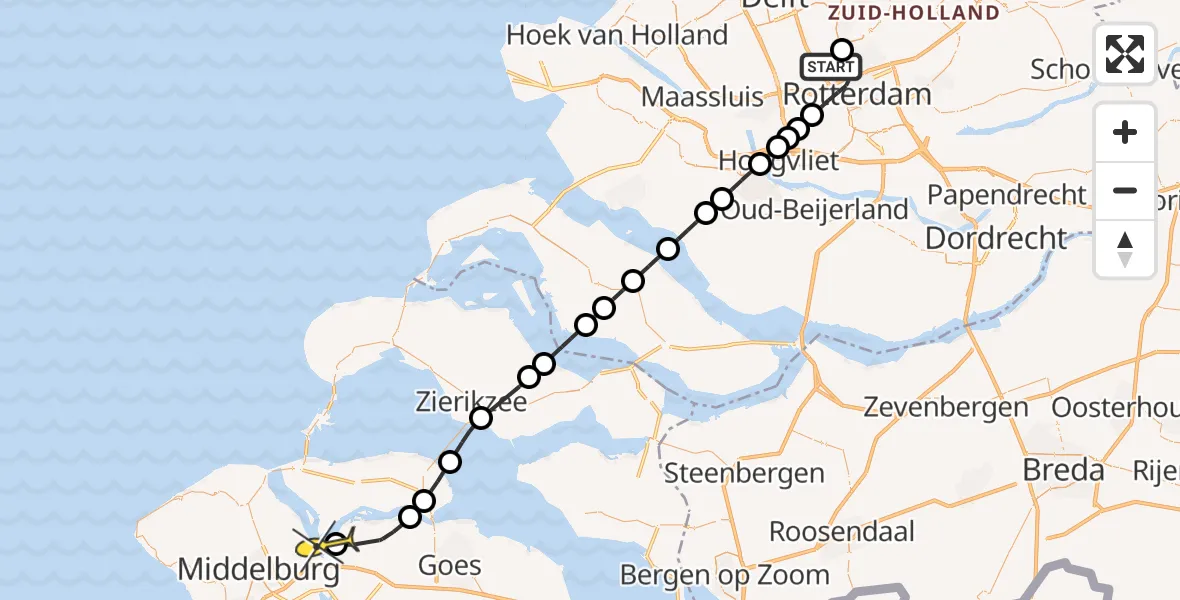 Routekaart van de vlucht: Kustwachthelikopter naar Vliegveld Midden-Zeeland, Doenkadepad