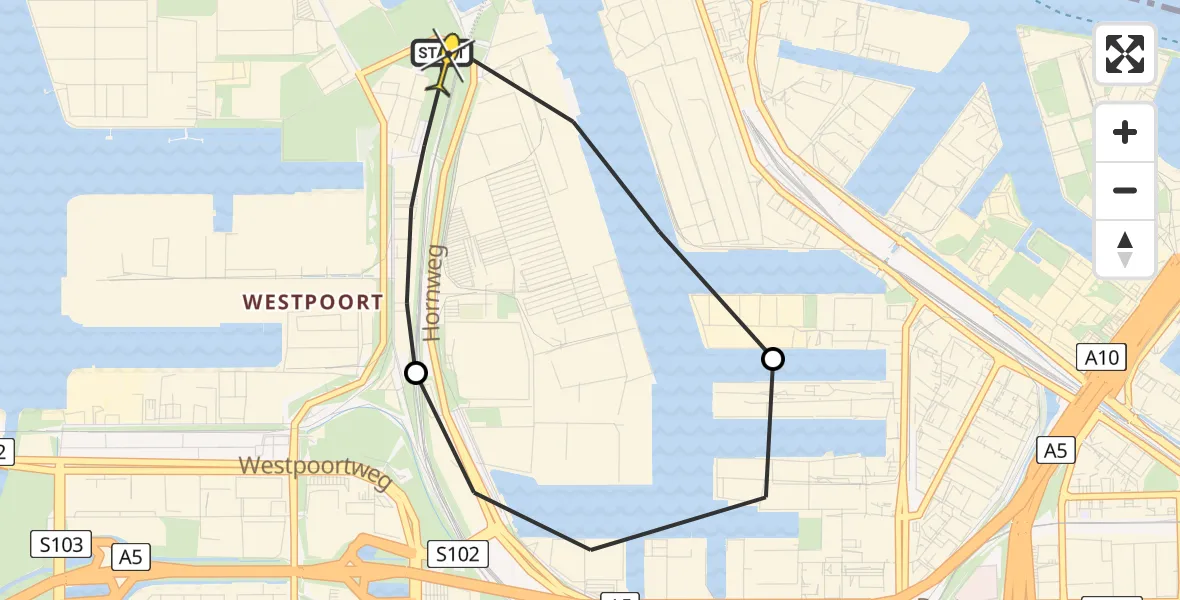 Routekaart van de vlucht: Lifeliner 1 naar Amsterdam Heliport, Kompasweg