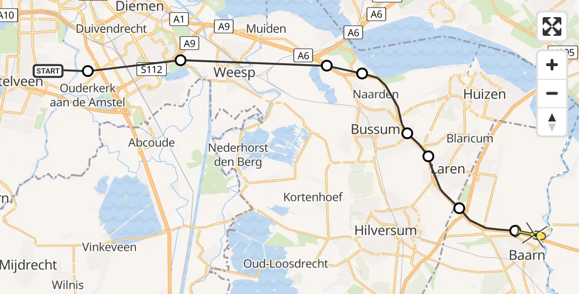Routekaart van de vlucht: Politiehelikopter naar Baarn, Burgemeester Stramanweg