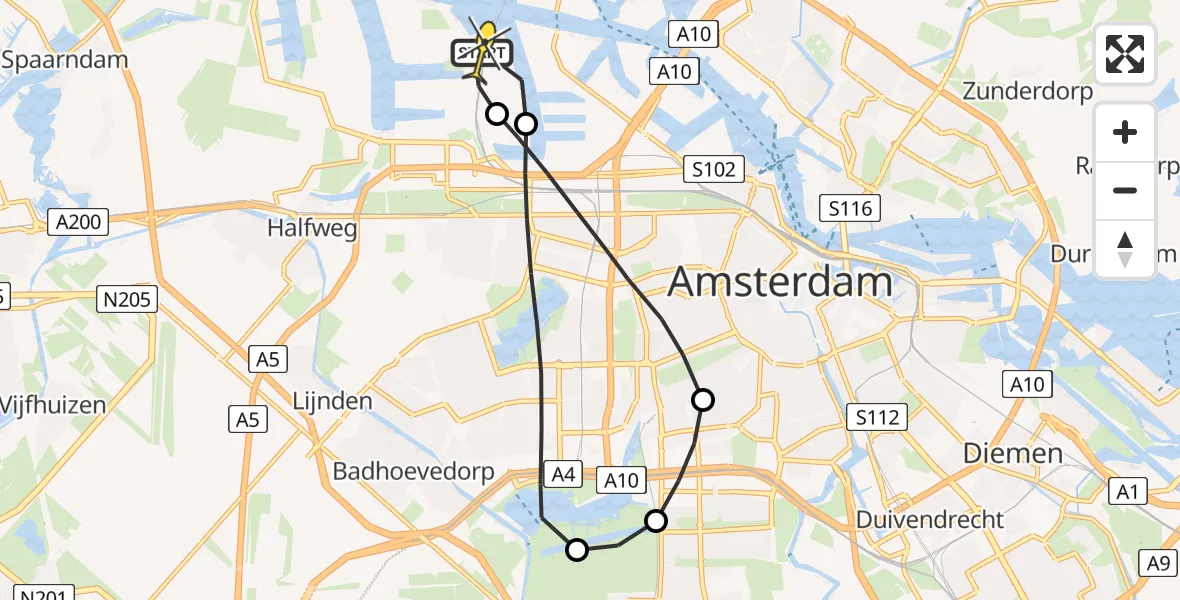 Routekaart van de vlucht: Lifeliner 1 naar Amsterdam Heliport, Westhaven