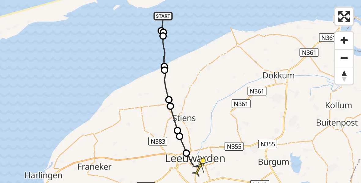 Routekaart van de vlucht: Ambulancehelikopter naar Leeuwarden, Borniastraat