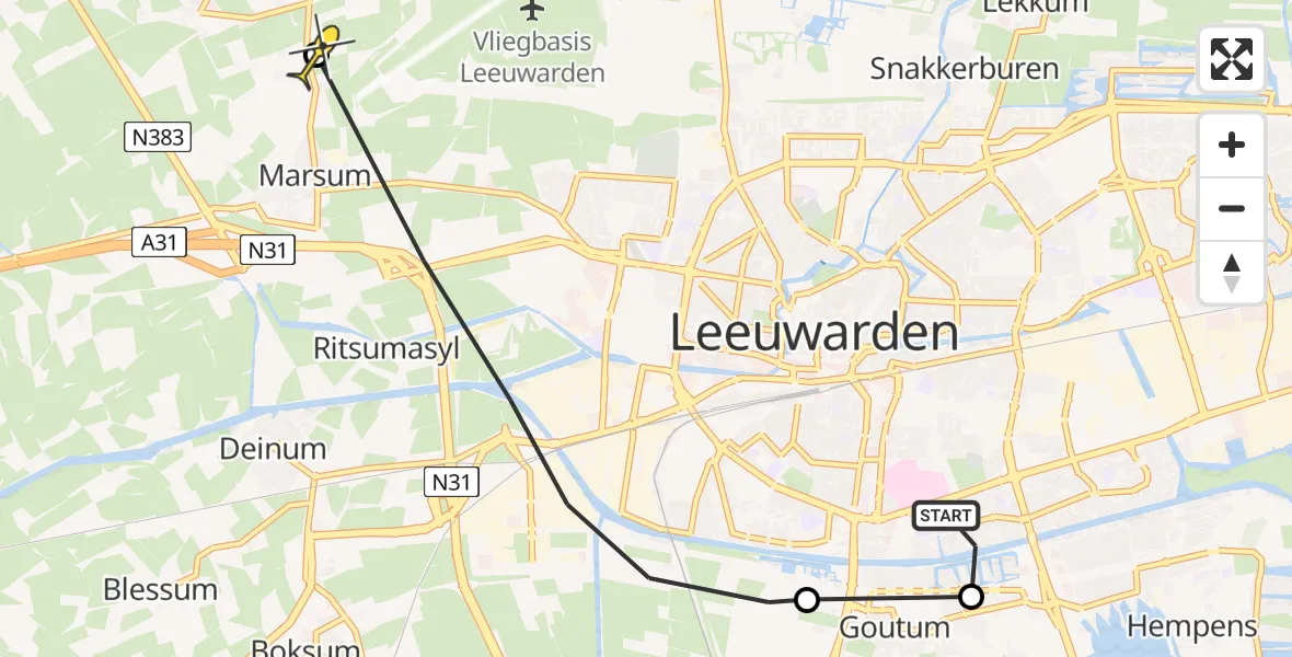 Routekaart van de vlucht: Ambulancehelikopter naar Marsum, Bitgumerdyk