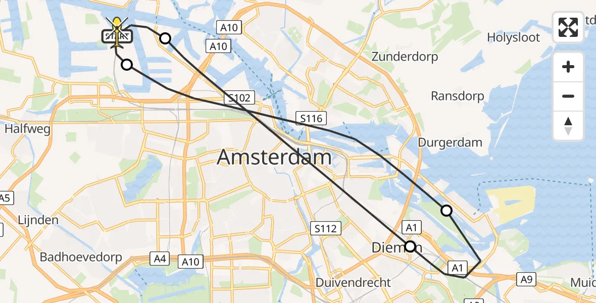 Routekaart van de vlucht: Lifeliner 1 naar Amsterdam Heliport, Westhavenweg