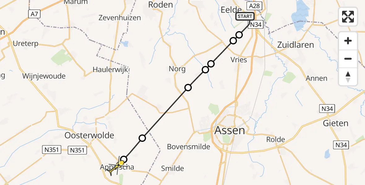 Routekaart van de vlucht: Lifeliner 4 naar Appelscha, Burgemeester J.G. Legroweg