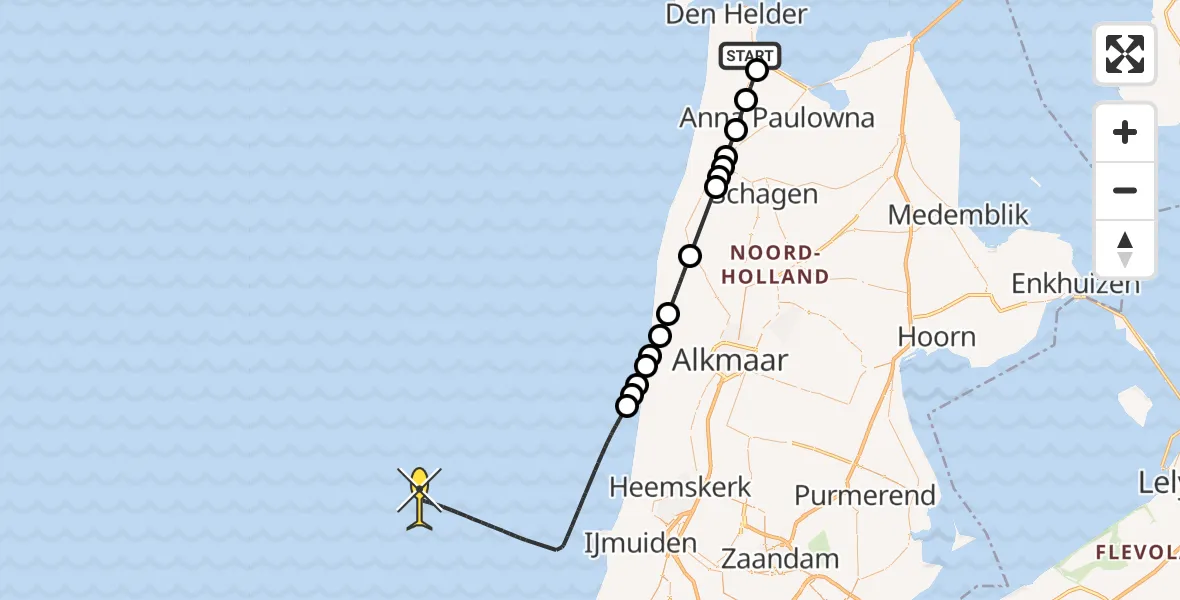 Vluchtroute Kustwachthelikopter van Vliegveld De Kooy naar 