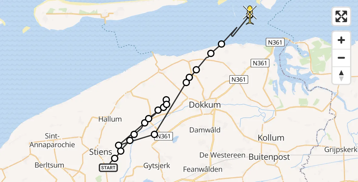 Routekaart van de vlucht: Ambulanceheli naar Schiermonnikoog, Aldlânsdyk