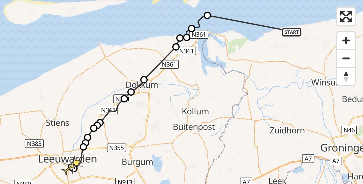 Routekaart van de vlucht: Ambulanceheli naar Leeuwarden, Roode Hoofd