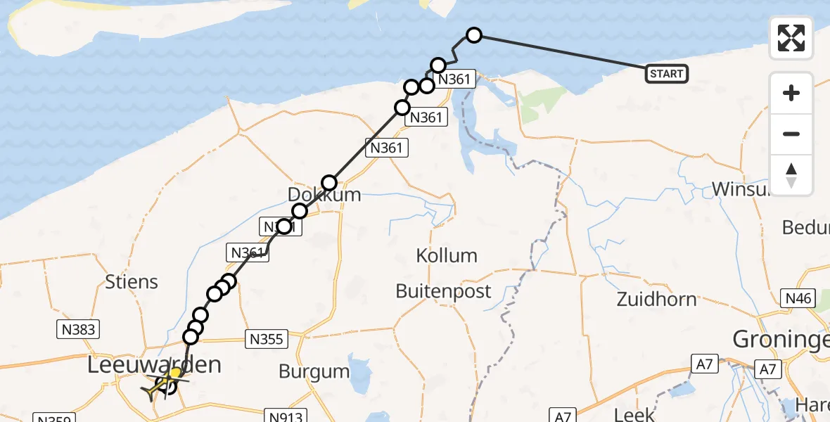 Routekaart van de vlucht: Ambulancehelikopter naar Leeuwarden, Roode Hoofd