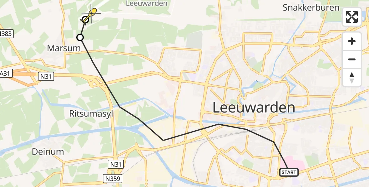 Vluchtroute Ambulancehelikopter van Leeuwarden naar Leeuwarden