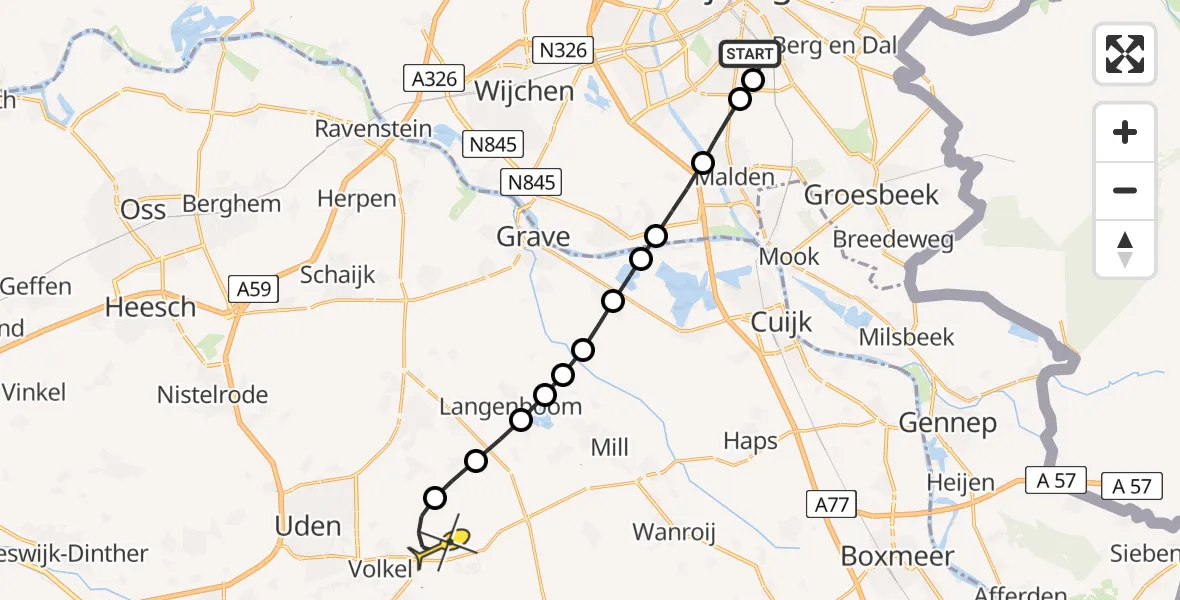 Routekaart van de vlucht: Lifeliner 3 naar Vliegbasis Volkel, Deken Gruenwaltstraat