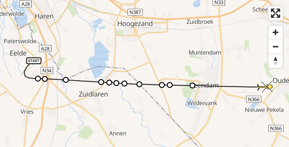 Routekaart van de vlucht: Lifeliner 4 naar Oude Pekela, Veldkampweg