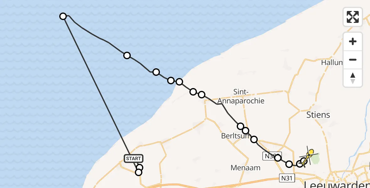 Routekaart van de vlucht: Ambulanceheli naar Vliegbasis Leeuwarden, Windpark De Bjirmen