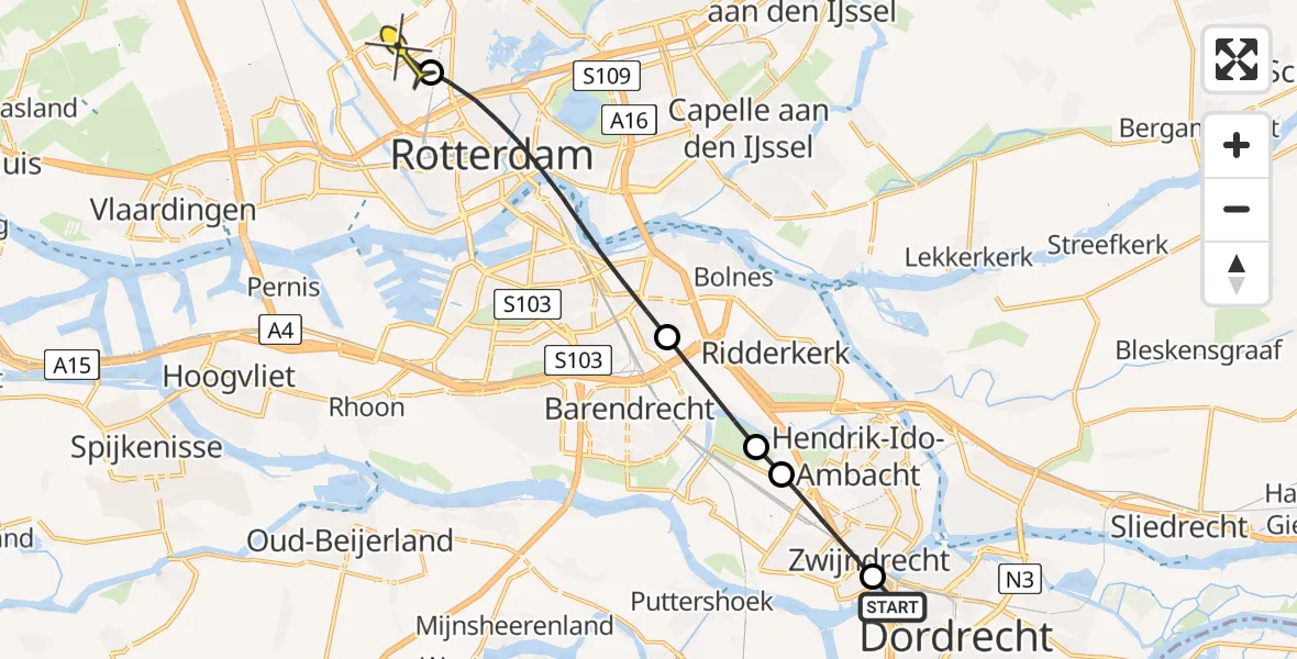 Routekaart van de vlucht: Lifeliner 2 naar Rotterdam The Hague Airport, P. Zeemanstraat