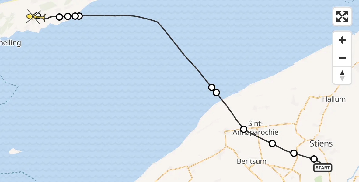 Routekaart van de vlucht: Ambulanceheli naar Midsland, Nijlânsdyk