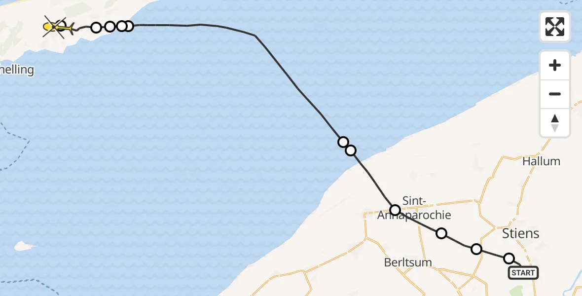 Routekaart van de vlucht: Ambulancehelikopter naar Midsland, Nijlânsdyk