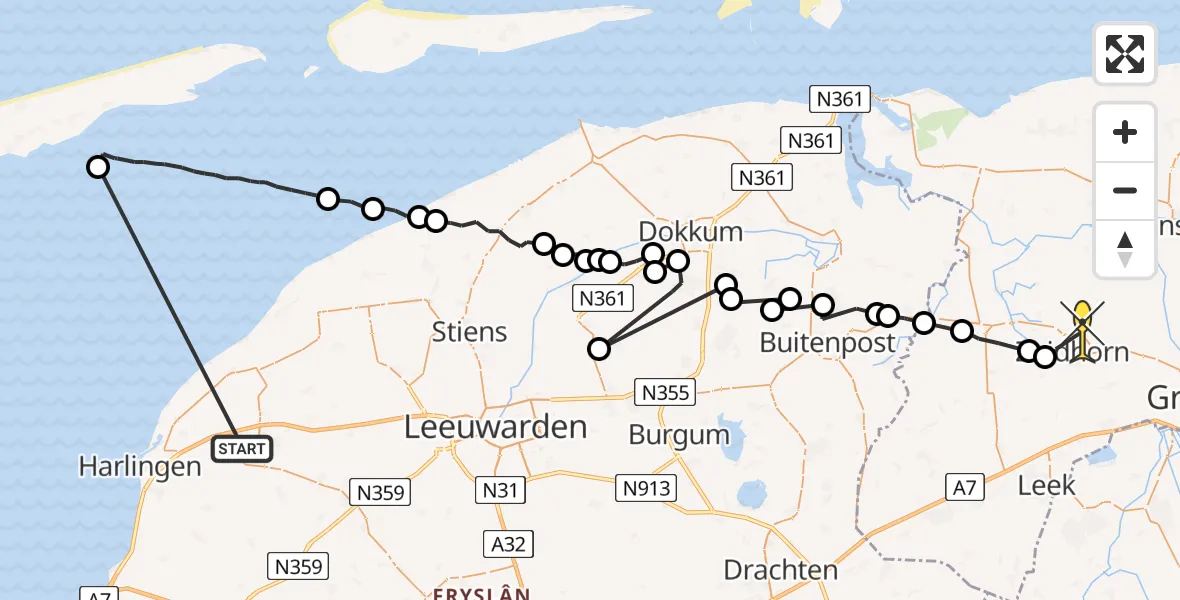 Routekaart van de vlucht: Ambulanceheli naar Noordhorn, Van Starkenborghkanaal Noordzijde