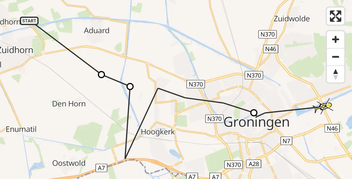 Routekaart van de vlucht: Ambulancehelikopter naar Groningen, Nieuwbrugsterweg