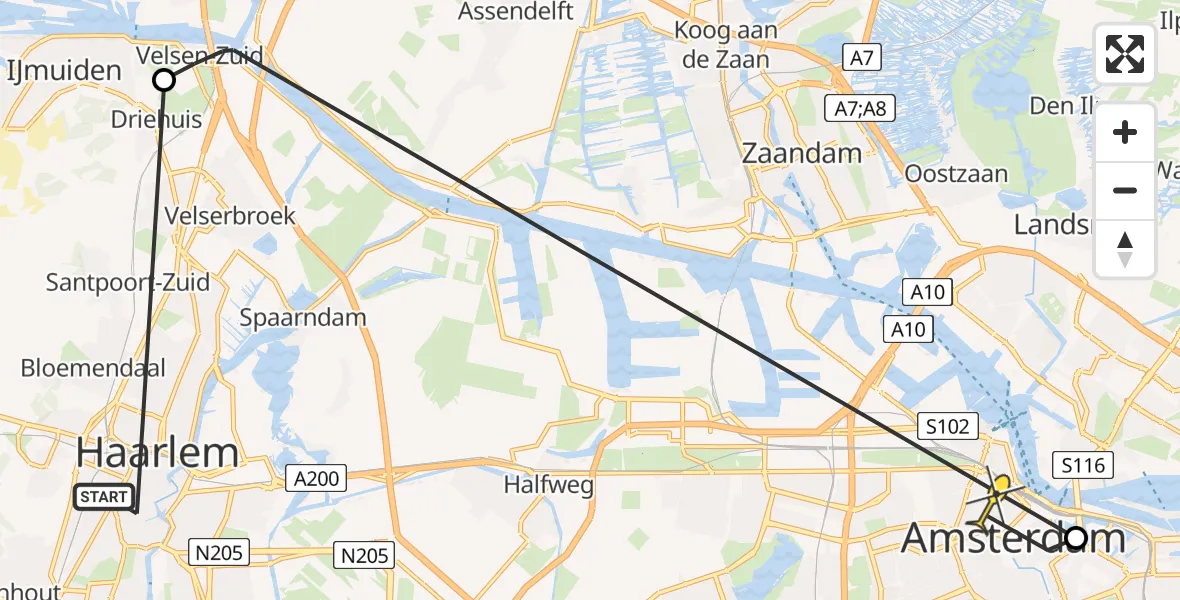 Routekaart van de vlucht: Politieheli naar Amsterdam, Driehuizerkerkweg