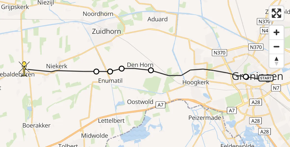 Routekaart van de vlucht: Ambulancehelikopter naar Sebaldeburen, Melkweg
