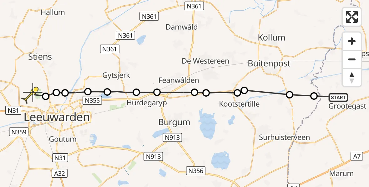 Routekaart van de vlucht: Ambulanceheli naar Vliegbasis Leeuwarden, Miedwei