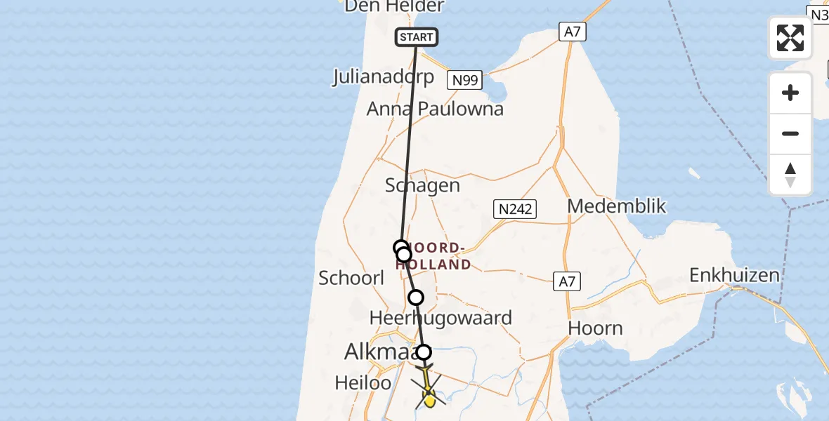 Routekaart van de vlucht: Politieheli naar Zuidschermer, Kalverdijk