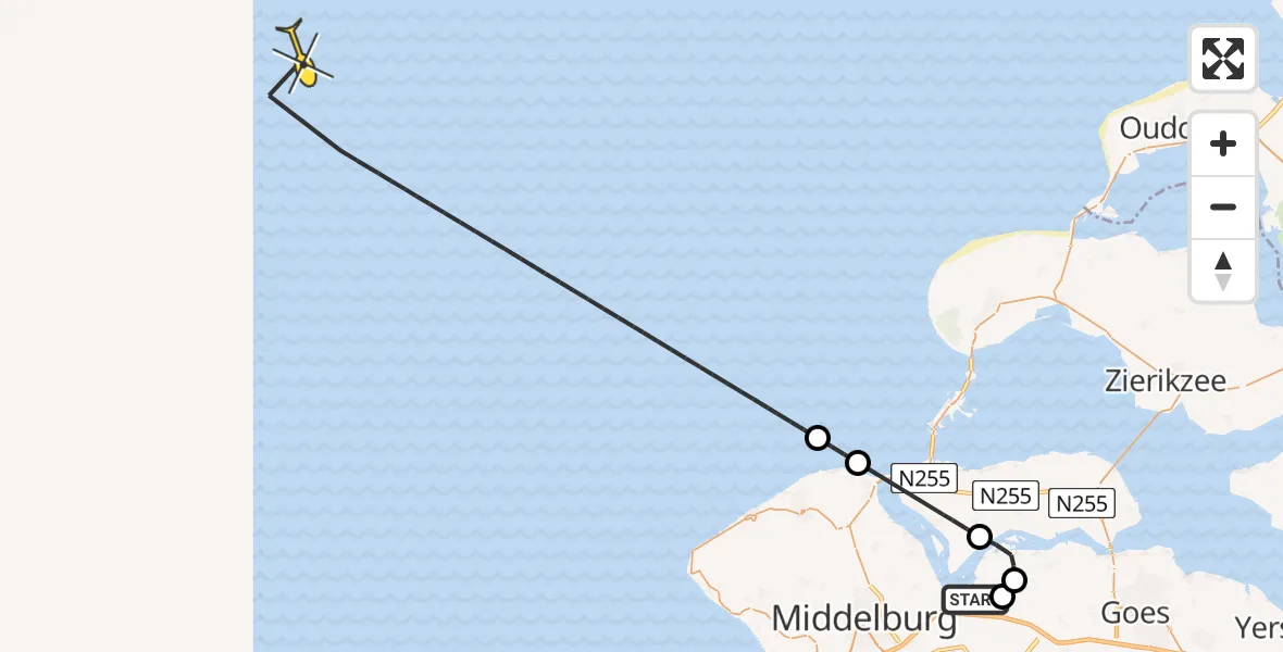 Routekaart van de vlucht: Kustwachthelikopter naar Calandweg