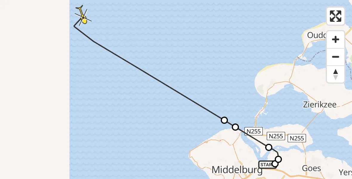 Vluchtroute Kustwachthelikopter van Vliegveld Midden-Zeeland naar 