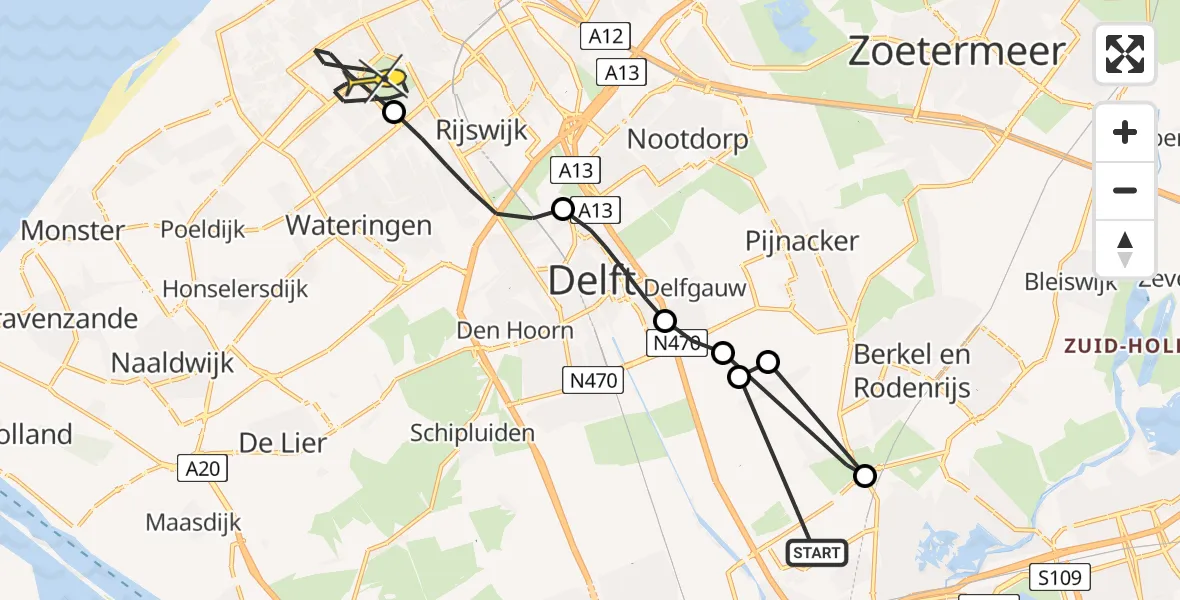 Routekaart van de vlucht: Politieheli naar Den Haag, Zuideindseweg