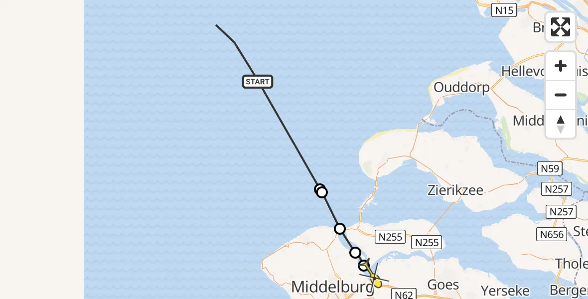 Routekaart van de vlucht: Kustwachthelikopter naar Vliegveld Midden-Zeeland, Oranjeplaatweg