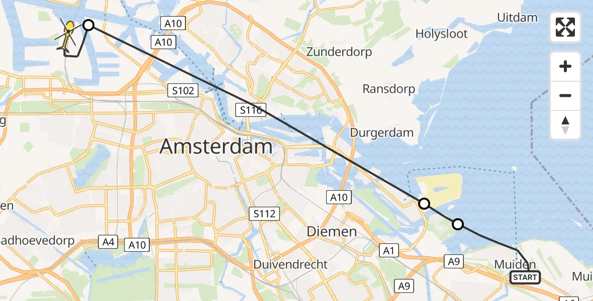 Routekaart van de vlucht: Lifeliner 1 naar Amsterdam Heliport, Westbatterijlaan