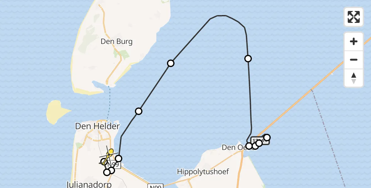 Routekaart van de vlucht: Kustwachthelikopter naar Vliegveld De Kooy, Afsluitdijk