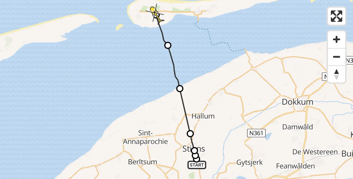 Routekaart van de vlucht: Ambulanceheli naar Ameland Airport Ballum, Moundyk