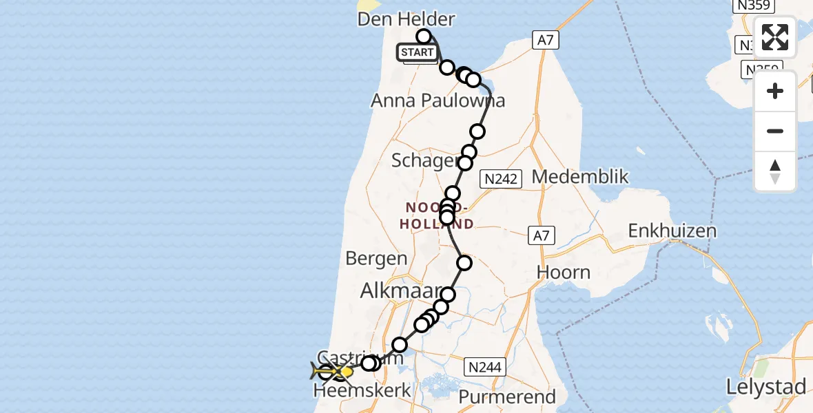 Routekaart van de vlucht: Kustwachthelikopter naar Castricum, Oostoeverweg