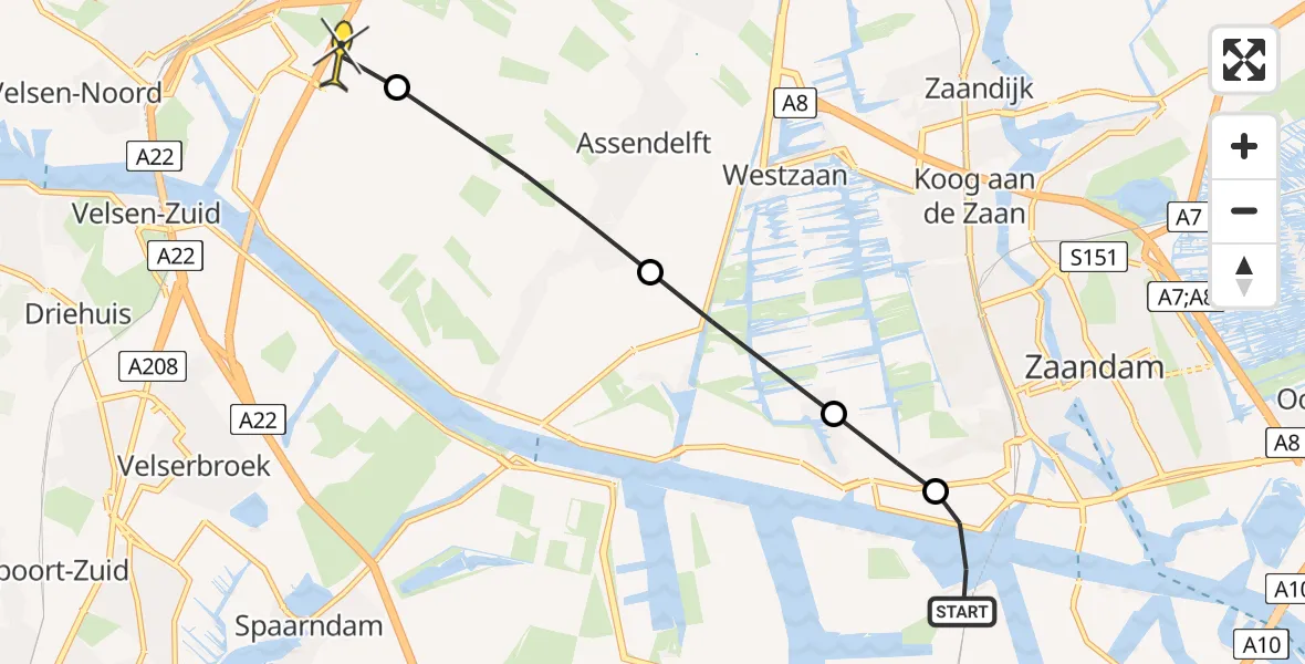 Routekaart van de vlucht: Lifeliner 1 naar Beverwijk, Zaandammerweg