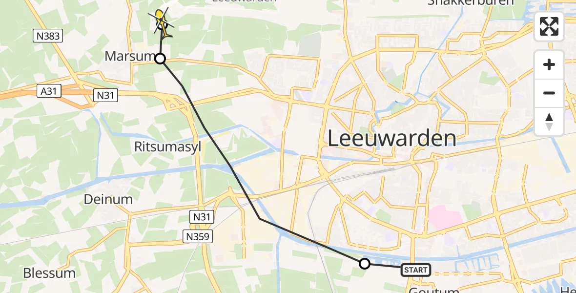 Routekaart van de vlucht: Ambulancehelikopter naar Leeuwarden, Nijlânsdyk