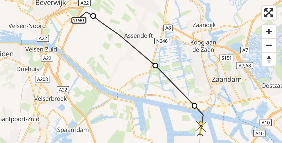 Routekaart van de vlucht: Lifeliner 1 naar Amsterdam Heliport, De Kil