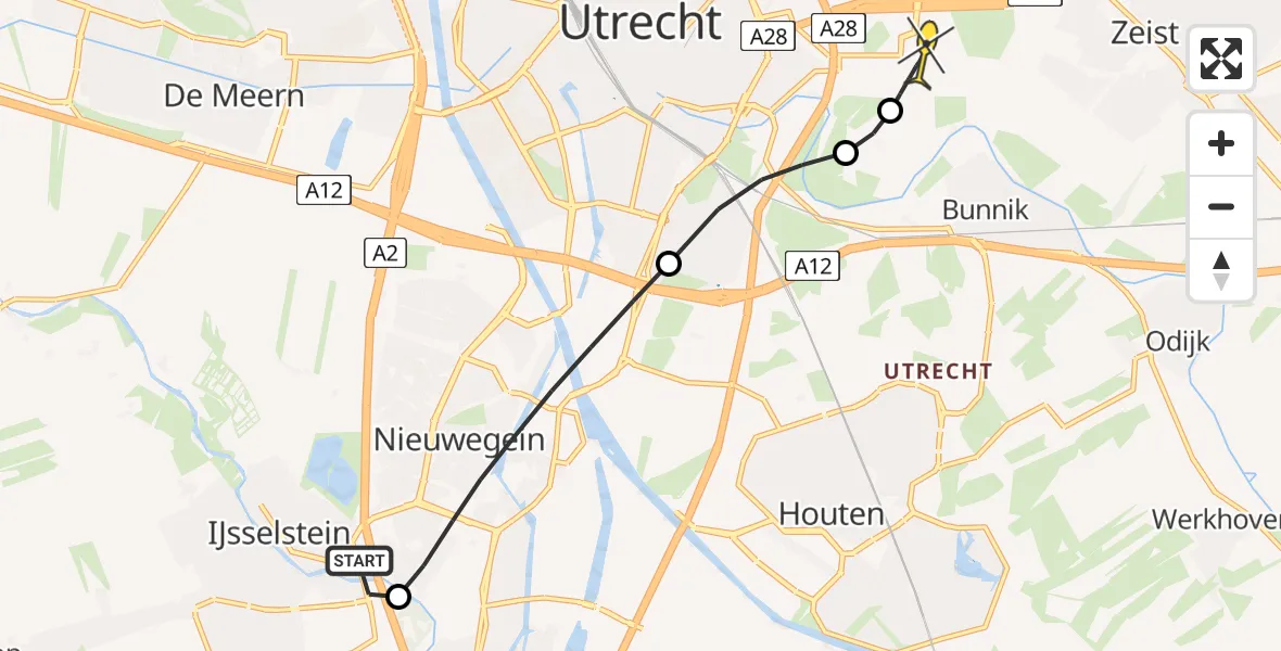 Routekaart van de vlucht: Lifeliner 1 naar Universitair Medisch Centrum Utrecht, Hooglandse Jaagpad